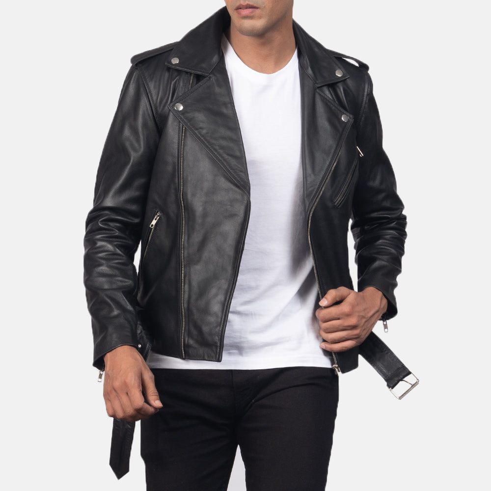 
ახლო ხედი of Notch & Zipper & Waist belt Hardware on Allaric Alley Black Leather Biker Jacket