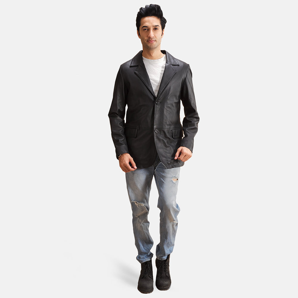 Alyson Black Leather Blazer - Lateral Side Profile View Showing Sleeve Cut &amp; Athletic Taper Fit