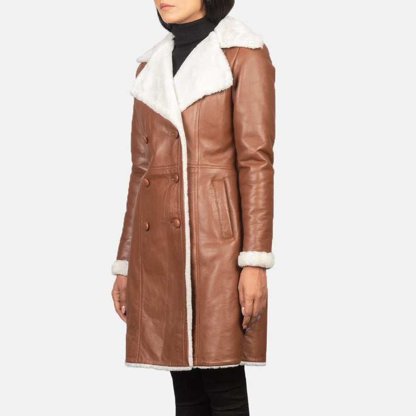 Amie ყავისფერი Double-Breasted Shearling ტყავის პალტო ქალის
