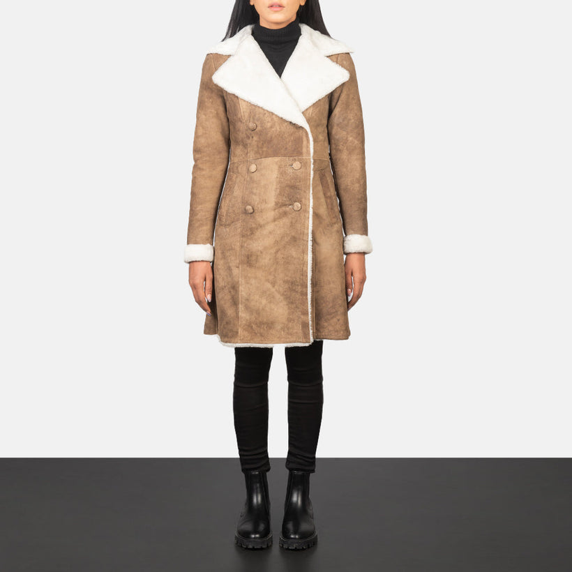 Amie Distressed ყავისფერი Double-Breasted Shearling Coat ქალის