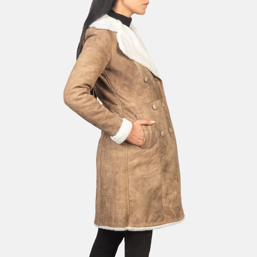 Amie Distressed ყავისფერი Double-Breasted Shearling Coat ქალის
