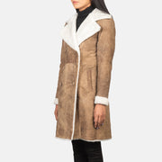 
ახლო ხედი of Notch & Leather Buttons Hardware on Amie Distressed Brown Double Breasted Shearling Coat