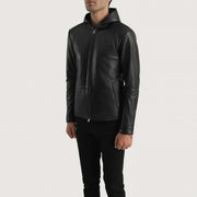 Matte Black Sheepskin Leather Hooded Jacket - Back View Showing Tailored Shoulder Fit &amp; Clean Hemline