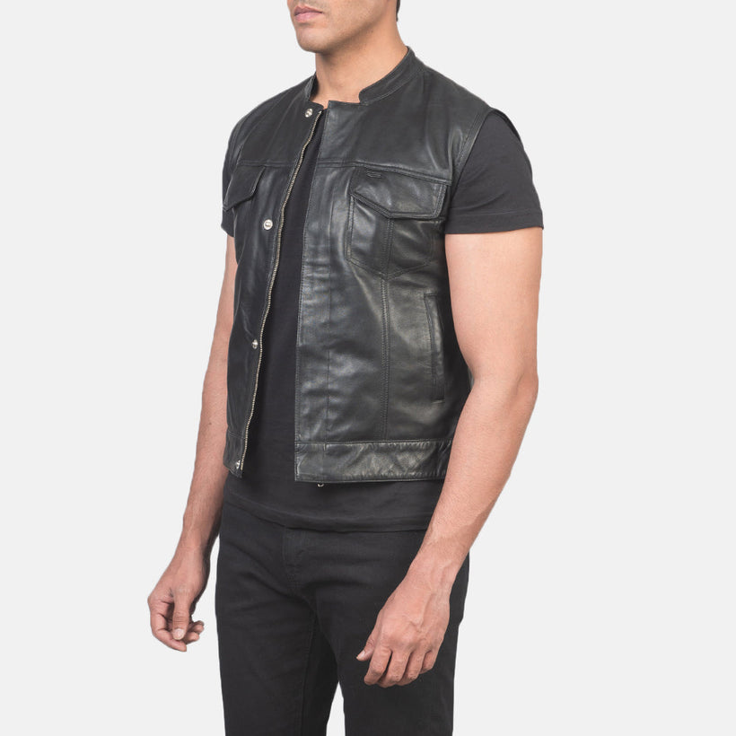 Atlas Moto შავი Leather Vest მამაკაცის