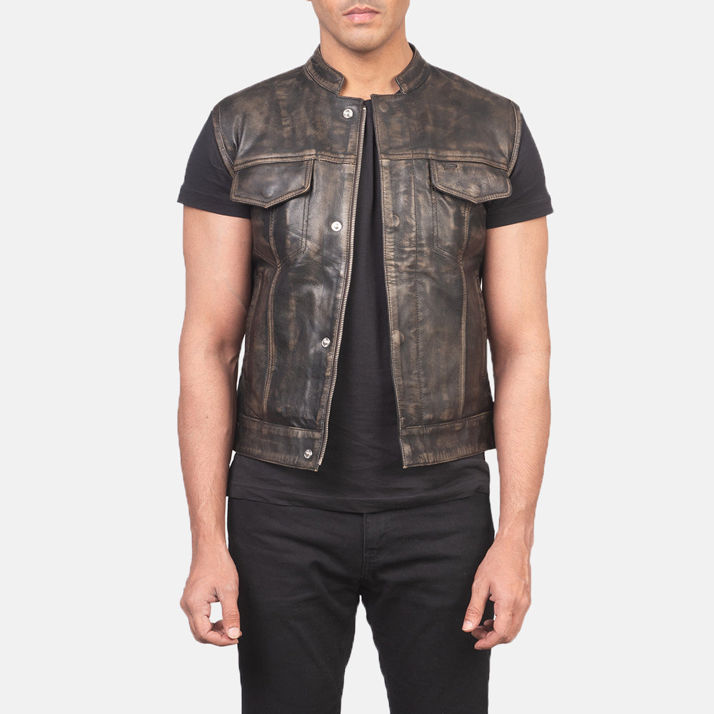 
Atlas Moto Distressed ყავისფერი ტყავის ჟილეტი მამაკაცის in Distressed Brown Sheepskin Leather - წინა ხედი და მორგებული სილუეტი | შეიძინეთ ონლაინ