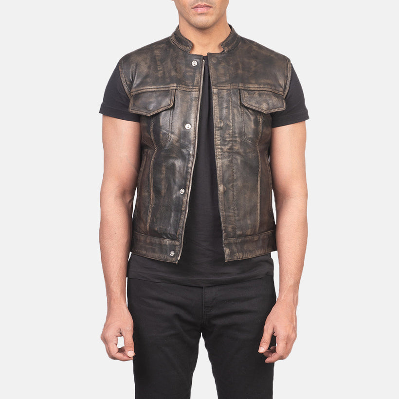 Atlas Moto Distressed ყავისფერი Leather Vest მამაკაცის