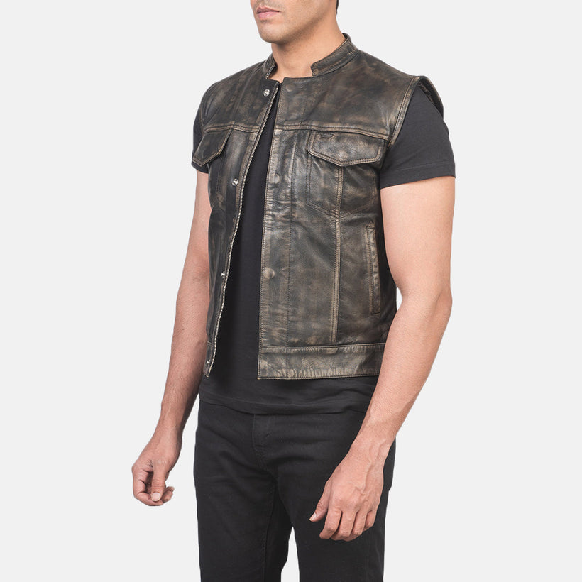 Atlas Moto Distressed ყავისფერი Leather Vest მამაკაცის