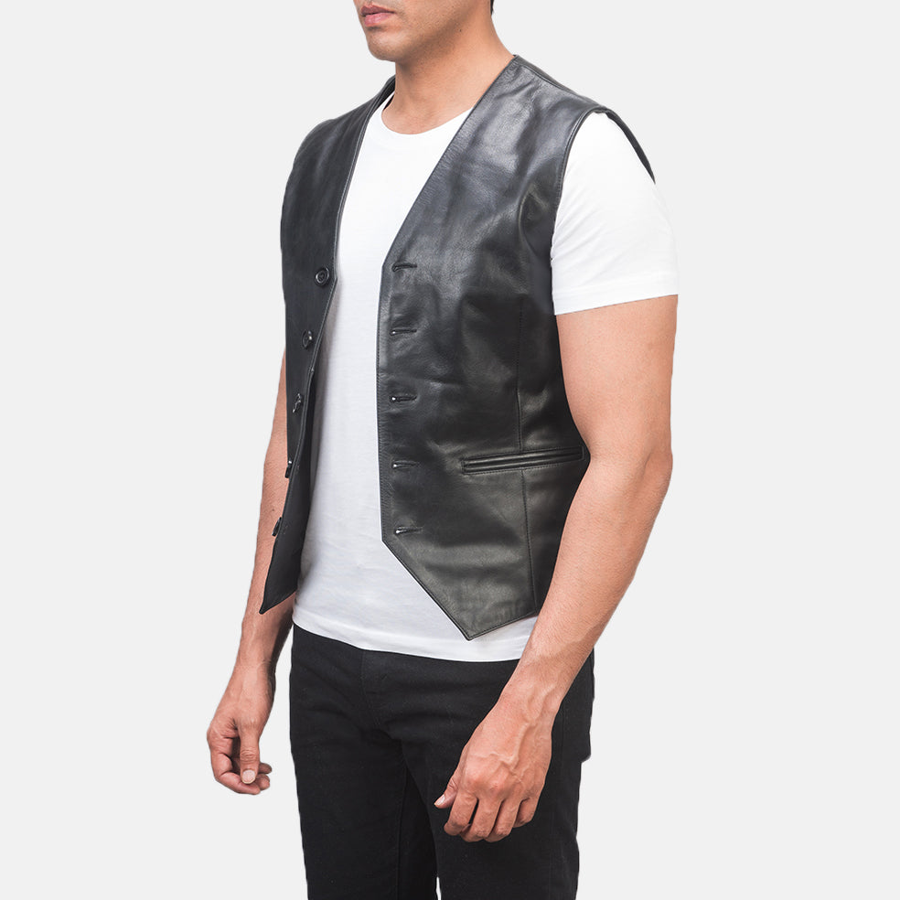 
Black Cowhide leather Vest - უკანა ხედი გამოკვეთილი მხრებით და სუფთა დაბოლოებით