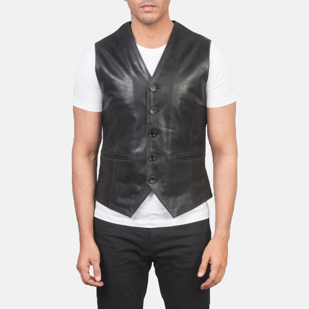 
ახლო ხედი of Classic Collar & 5 Button Hardware on Auden შავი ტყავის ჟილეტი მამაკაცის