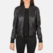 
Ava Ma-1 Black Leather Bomber Jacket in Black Sheepskin Leather - წინა ხედი და მორგებული სილუეტი | შეიძინეთ ონლაინ