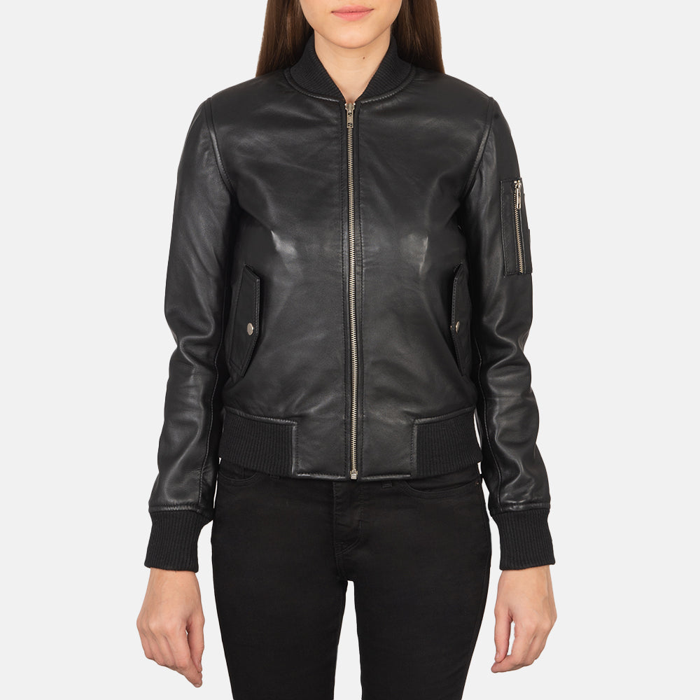 
ახლო ხედი of Rib Knit & Zipper Hardware on Ava Ma-1 Black Leather Bomber Jacket