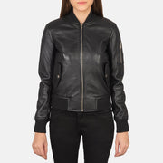 
ახლო ხედი of Rib Knit & Zipper Hardware on Ava Ma-1 Black Leather Bomber Jacket