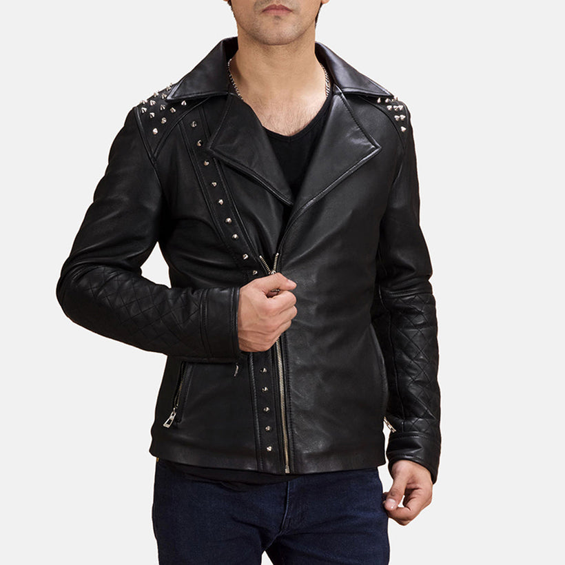 შავი Studded ტყავის ბაიკერის ქურთუკი მამაკაცის