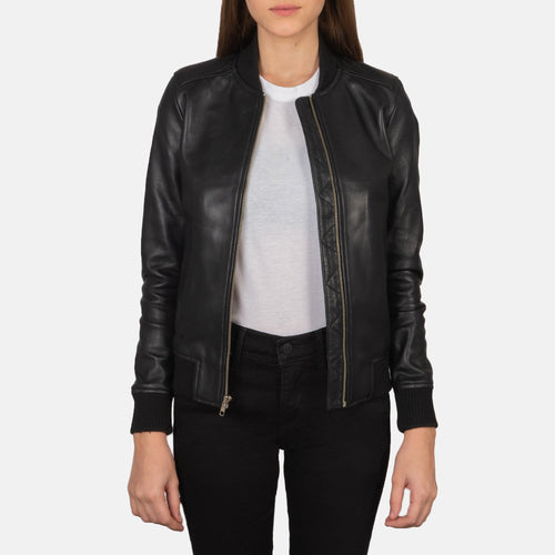 Women's Bliss Black Leather Bomber Jacket in Black Sheepskin Leather - Front Profile View & Tailored Silhouette | Buy Online