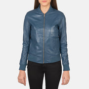 
ახლო ხედი of Varsity - Rib Knit & Zipper with Wind Flap Hardware on Bliss ლურჯი ტყავის ბომბერი ქალის