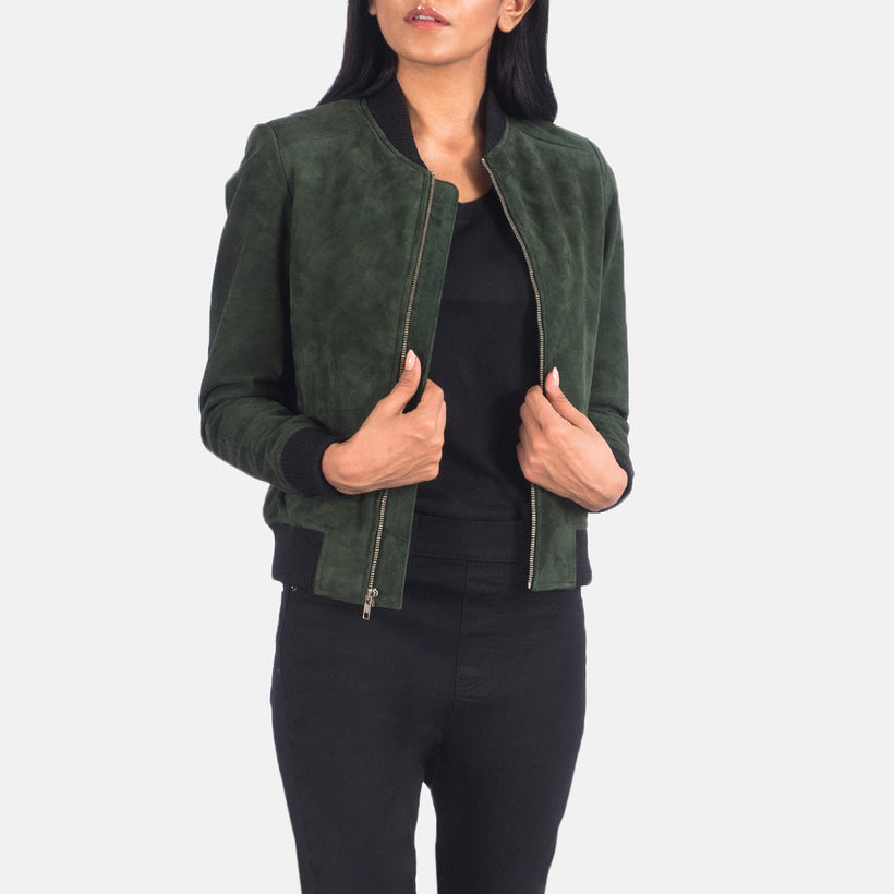 Bliss Green Suede ტყავის ბომბერი ქალის