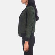 Green Goatskin Suede Bomber Jacket - Back View Showing Tailored Shoulder Fit &amp; Clean Hemline
