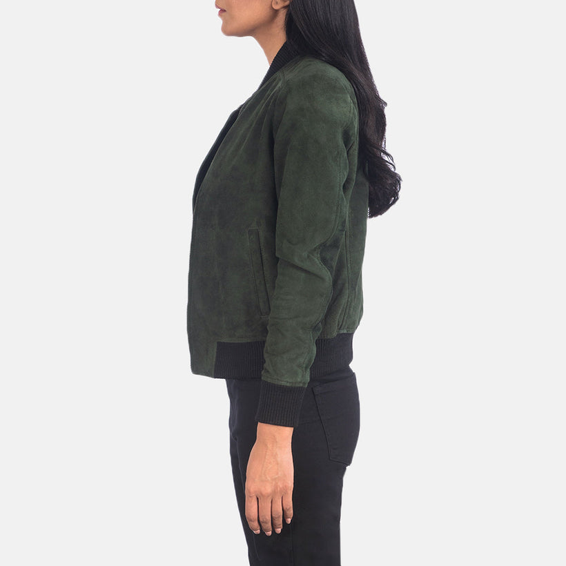 Bliss Green Suede ტყავის ბომბერი ქალის