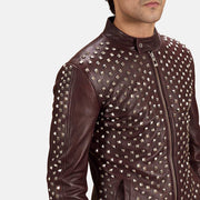 Close-Up Detail of Band with snap button &amp; Zipper Hardware on Blix Bono Maroon Leather Biker Jacket