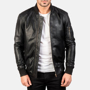 
Bomia Ma-1 Black Leather Bomber Jacket in Black Sheepskin Leather - წინა ხედი და მორგებული სილუეტი | შეიძინეთ ონლაინ