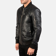 
Black Sheepskin Leather Bomber Jacket - უკანა ხედი გამოკვეთილი მხრებით და სუფთა დაბოლოებით