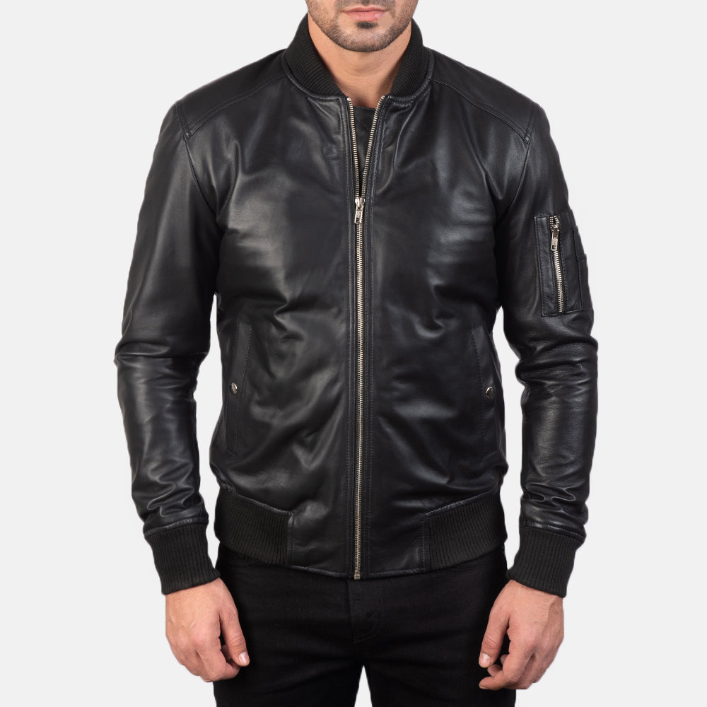 
ახლო ხედი of Rib Knit & Zipper Hardware on Bomia Ma-1 Black Leather Bomber Jacket