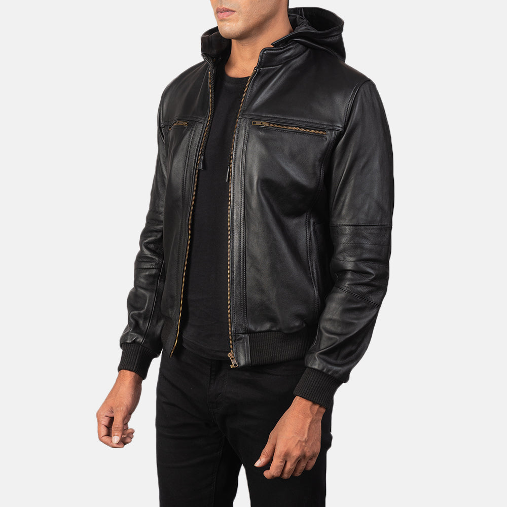 
Black Cowhide Leather Bomber Jacket - უკანა ხედი გამოკვეთილი მხრებით და სუფთა დაბოლოებით