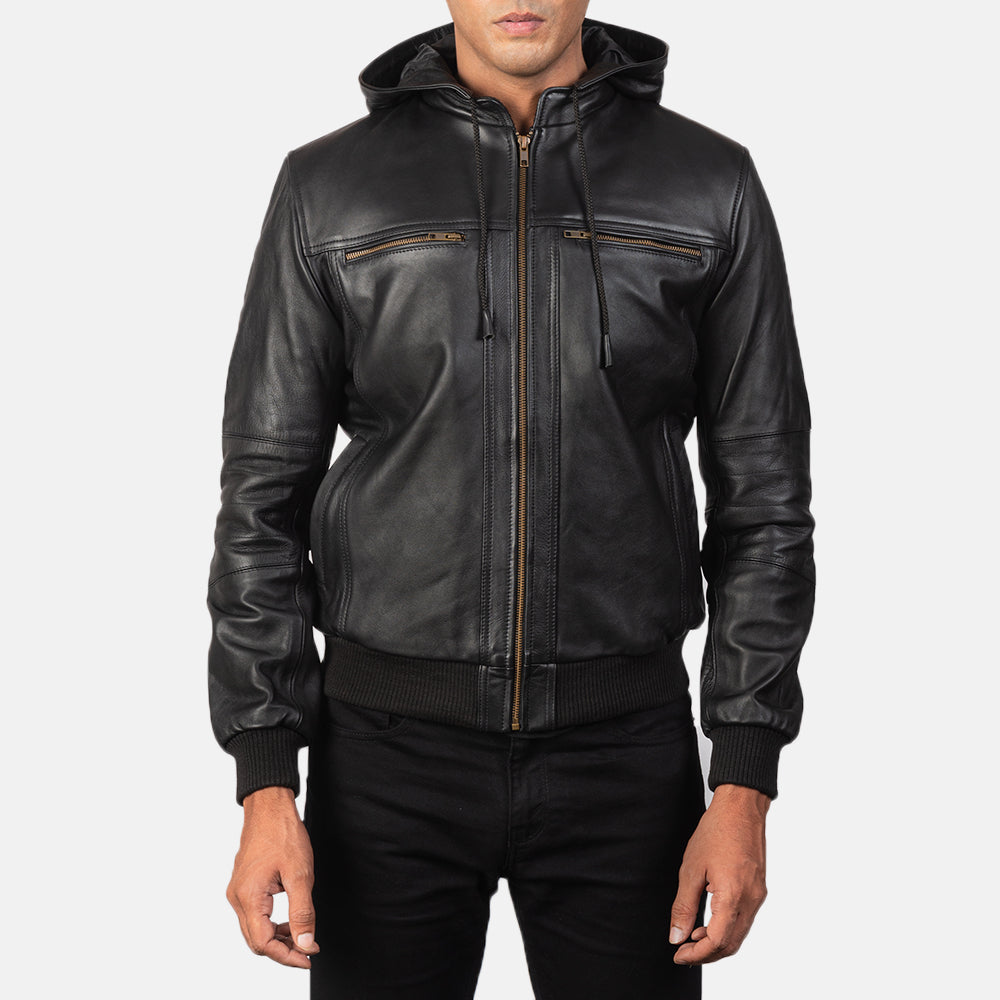 
Bouncer Biz Black Leather Hooded Bomber Jacket - გვერდითი პროფილი ერგონომიული სახელოს ჭრით