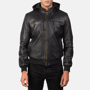 
Bouncer Biz Black Leather Hooded Bomber Jacket - გვერდითი პროფილი ერგონომიული სახელოს ჭრით