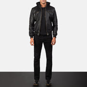 
ახლო ხედი of Band & Zipper Hardware on Bouncer Biz Black Leather Hooded Bomber Jacket