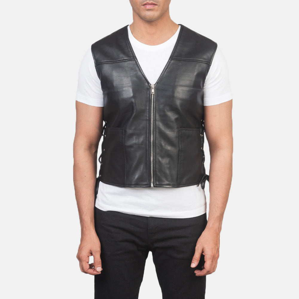 
ახლო ხედი of Classic Collar & Zipper Hardware on Brandon შავი ტყავის ჟილეტი მამაკაცის