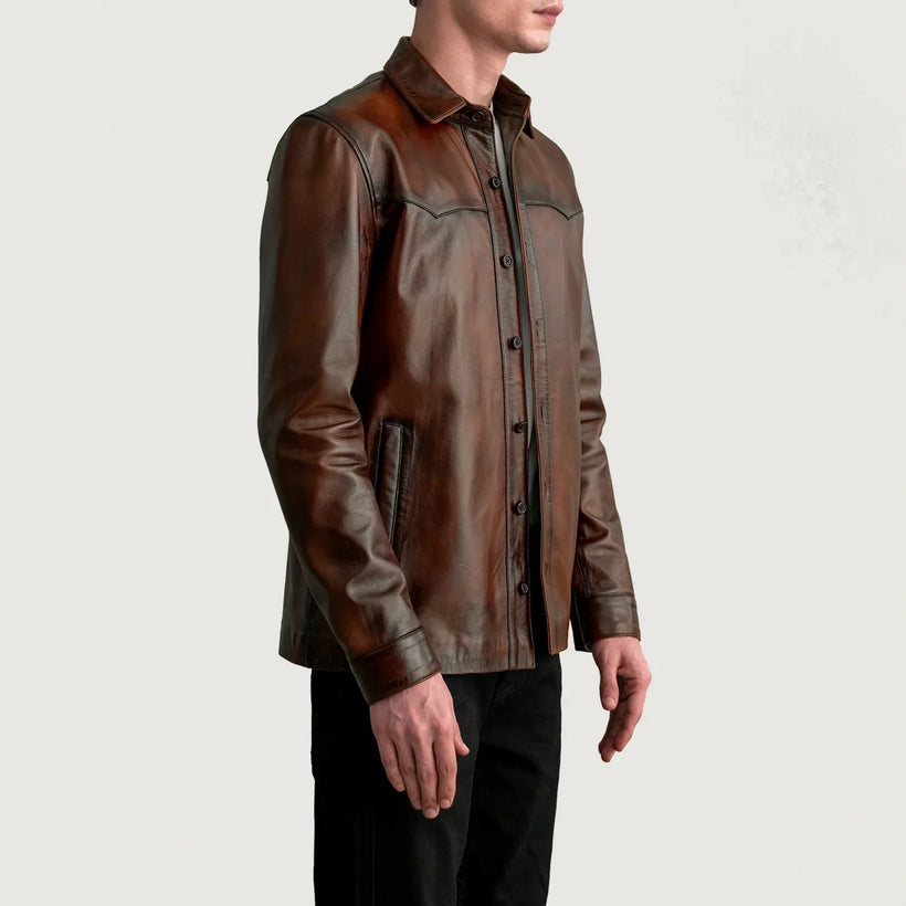 Bronco Distressed ყავისფერი Leather Shirtმამაკაცის