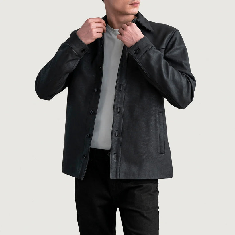 Bronco Tumbled შავი Leather Shirt მამაკაცის