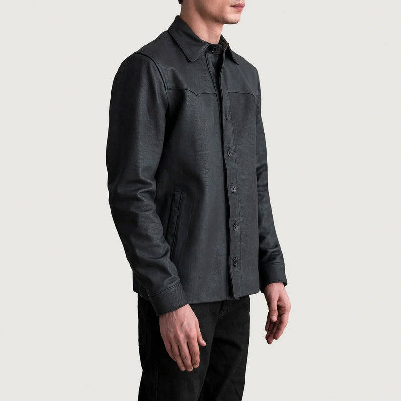 Bronco Tumbled შავი Leather Shirt მამაკაცის