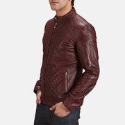 
Maroon Sheepskin Leather Biker Jacket - უკანა ხედი გამოკვეთილი მხრებით და სუფთა დაბოლოებით