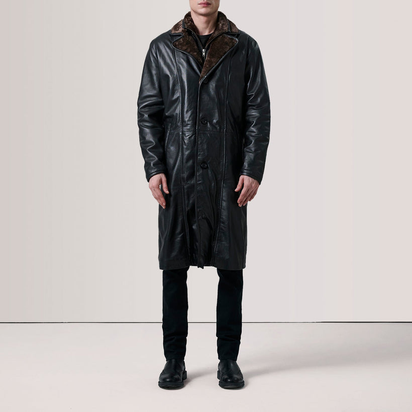 Cai შავი Leather Shearling ტყავის პალტო მამაკაცის