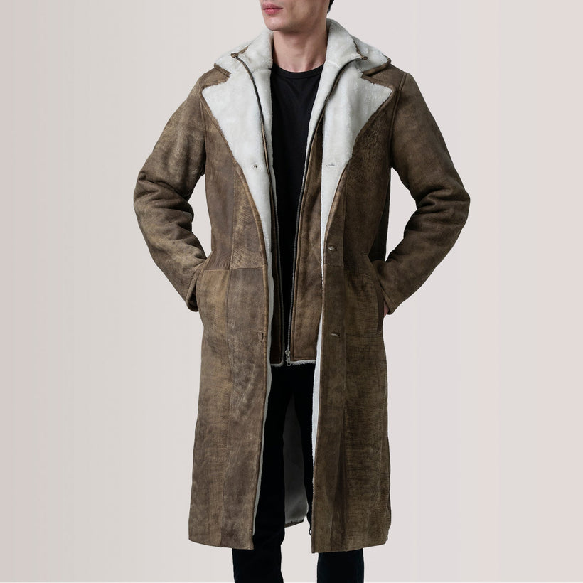 Cai Distressed ყავისფერი Leather Shearling ტყავის პალტო მამაკაცის