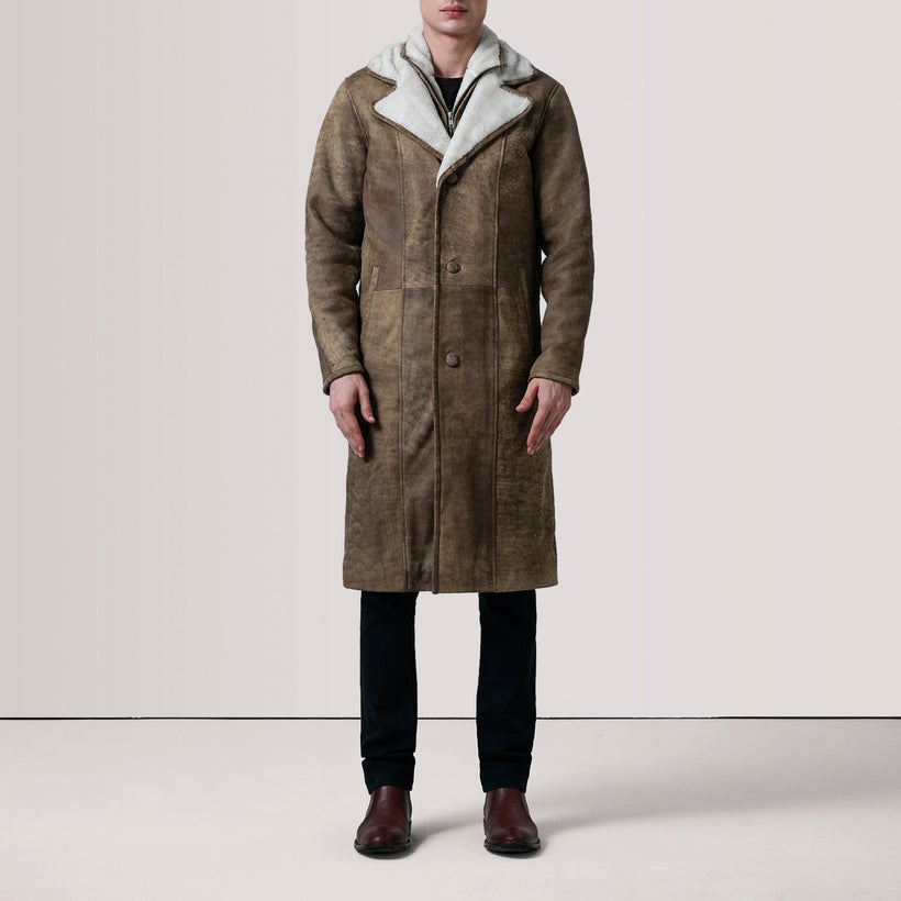Cai Distressed ყავისფერი Leather Shearling ტყავის პალტო მამაკაცის
