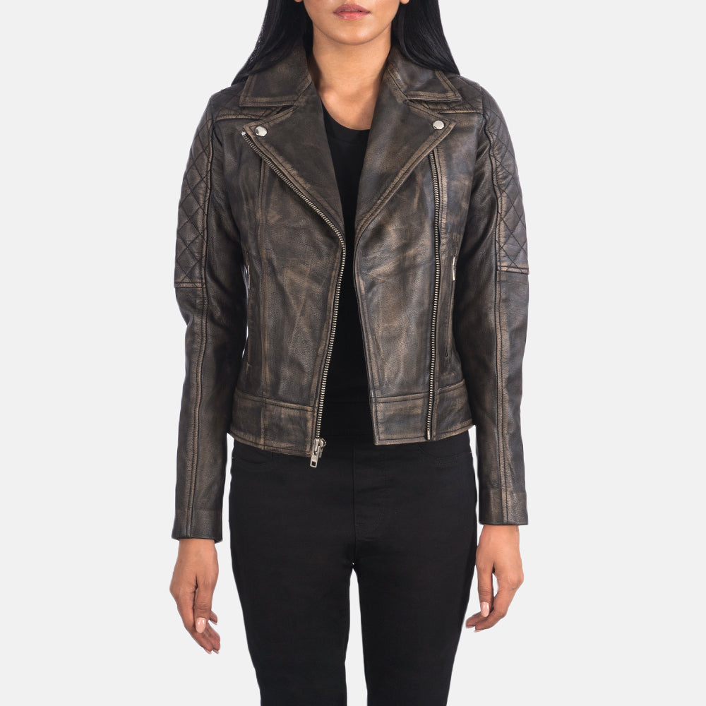 
Carolyn Quilted Distressed Brown Biker Jacket in Distressed Brown Goatskin Leather - წინა ხედი და მორგებული სილუეტი | შეიძინეთ ონლაინ