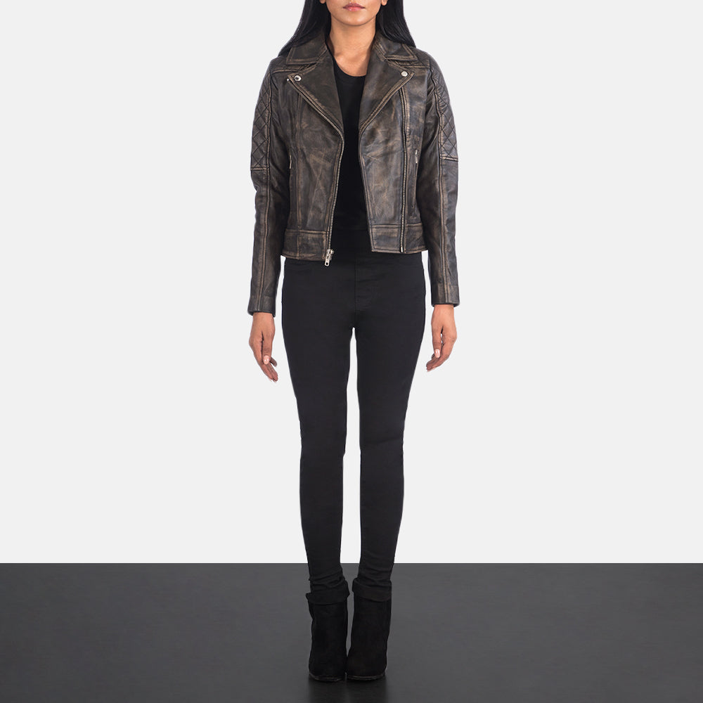 
Carolyn Quilted Distressed Brown Biker Jacket - გვერდითი პროფილი ერგონომიული სახელოს ჭრით