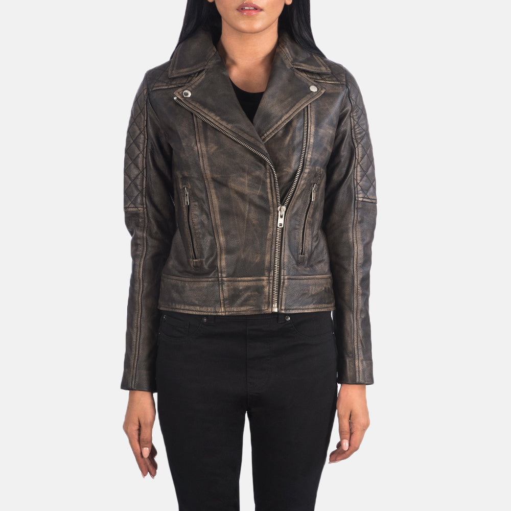 
ახლო ხედი of Notch & Zipper Hardware on Carolyn Quilted Distressed Brown Biker Jacket