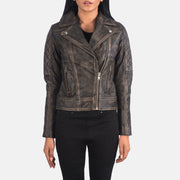 
ახლო ხედი of Notch & Zipper Hardware on Carolyn Quilted Distressed Brown Biker Jacket
