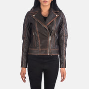 
Carolyn Quilted Vintage Brown Biker Jacket in Vintage Brown Goatskin Leather - წინა ხედი და მორგებული სილუეტი | შეიძინეთ ონლაინ