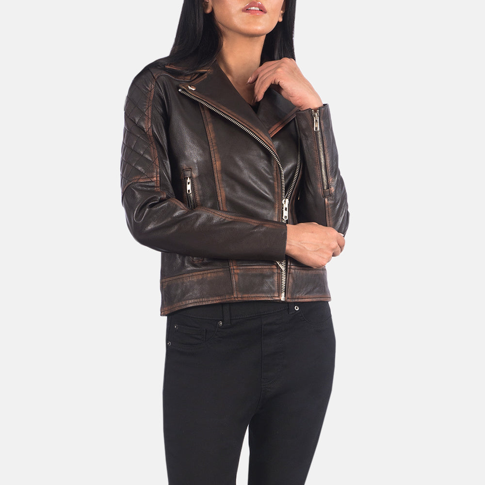 
ახლო ხედი of Notch & Zipper Hardware on Carolyn Quilted Vintage Brown Biker Jacket