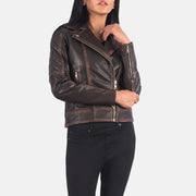 
ახლო ხედი of Notch & Zipper Hardware on Carolyn Quilted Vintage Brown Biker Jacket