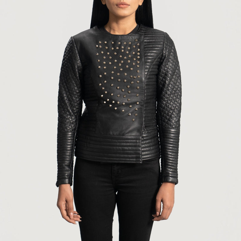 Celeste Studded შავი ტყავის ქურთუკი ქალის