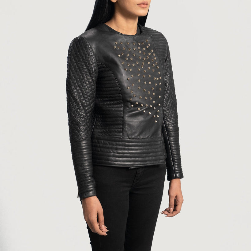 Celeste Studded შავი ტყავის ქურთუკი ქალის