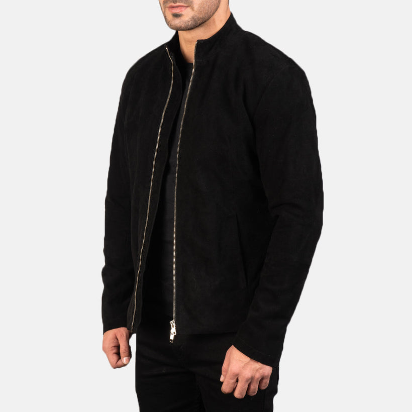 Charcoal შავი Suede ტყავის ბაიკერის ქურთუკი მამაკაცის