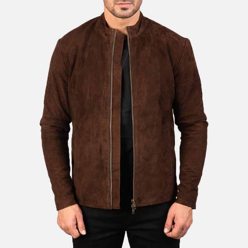 Charcoal Mocha Suede ტყავის ბაიკერის ქურთუკი მამაკაცის