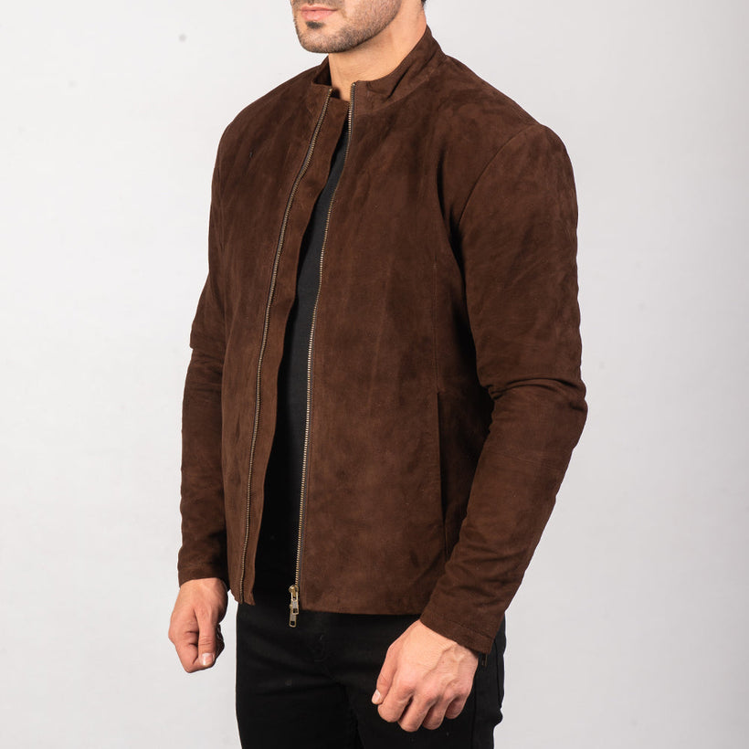 Charcoal Mocha Suede ტყავის ბაიკერის ქურთუკი მამაკაცის